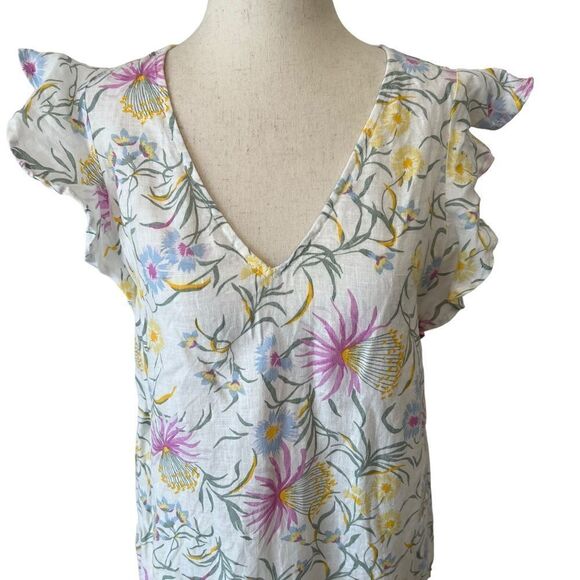 Anthropologie Joie Floral Linen V Neck Ruffle Cap Sleeve Dress - Picture 2 of 8